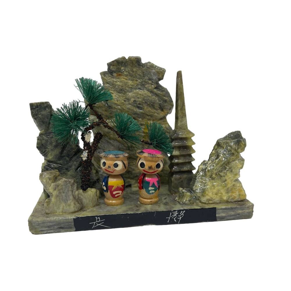 Japanese mini natural stone kokeshi doll couple, stone vintage figurine handmade